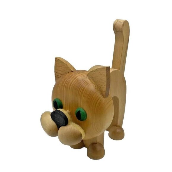 Wooden Glasses Holder Cat Original Erzgebirge Figurine Green Eyes Kitty Germany - Picture 1 of 13